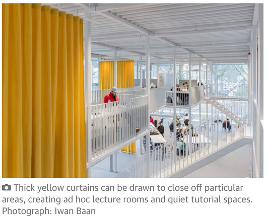 the new study pavilion for the Technical University of Braunschweig, Germany Thick yellow curtains can be drawn to close off particular areas, creating ad hoc lecture rooms and quiet tutorial spaces.