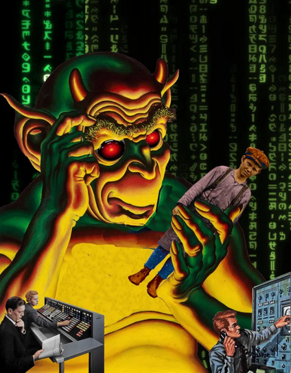 The disenshittified internet starts with loyal "user agents". The image shows a demon-like figure analysing a toy-like miniature man.